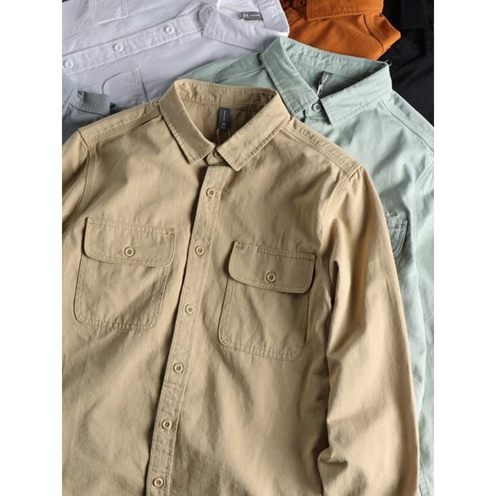 Estilo militar puro algodão Workwear camisa masculina de manga comprida primavera outono fino-ajuste Polegada bolso dupl