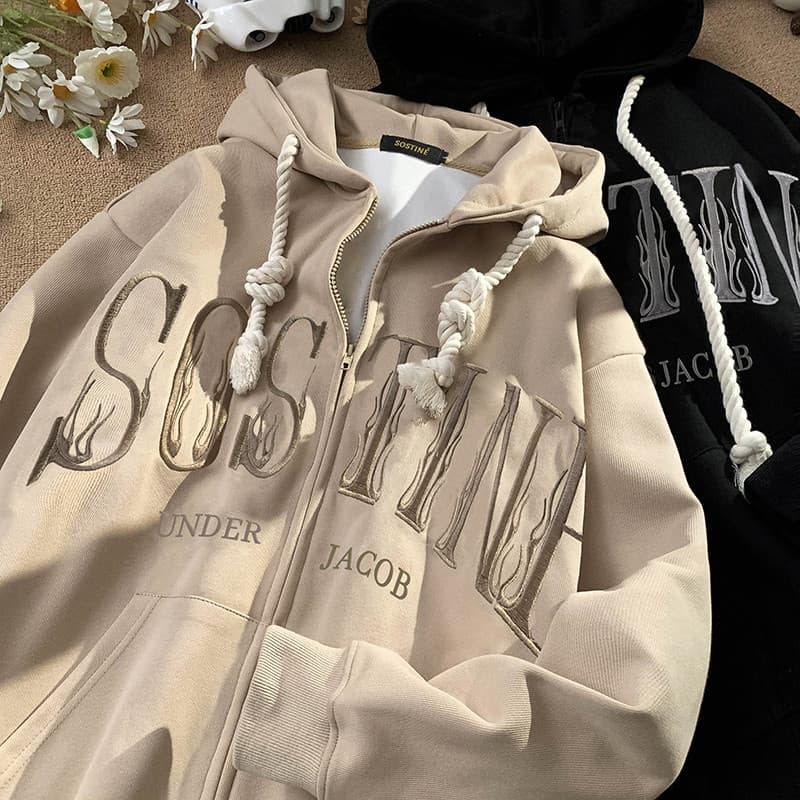 Cardigan moletom masculino primavera outono pesado solto Retro Casual zíper jaqueta adolescente americano High Street ja