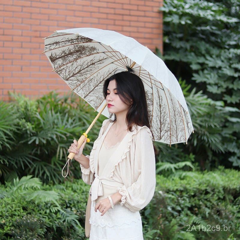 Guarda-chuva vintage de estilo japonês com 16 varetas e cabo longo, com estampa moderna, adequado tanto para dias ensola