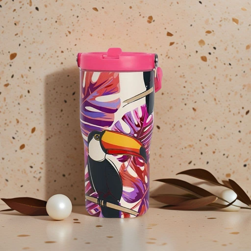garrafa Térmico Alça e Canudo Personalizado Fauna - 600ML Copo de Água Térmico Estilo Tropical #51