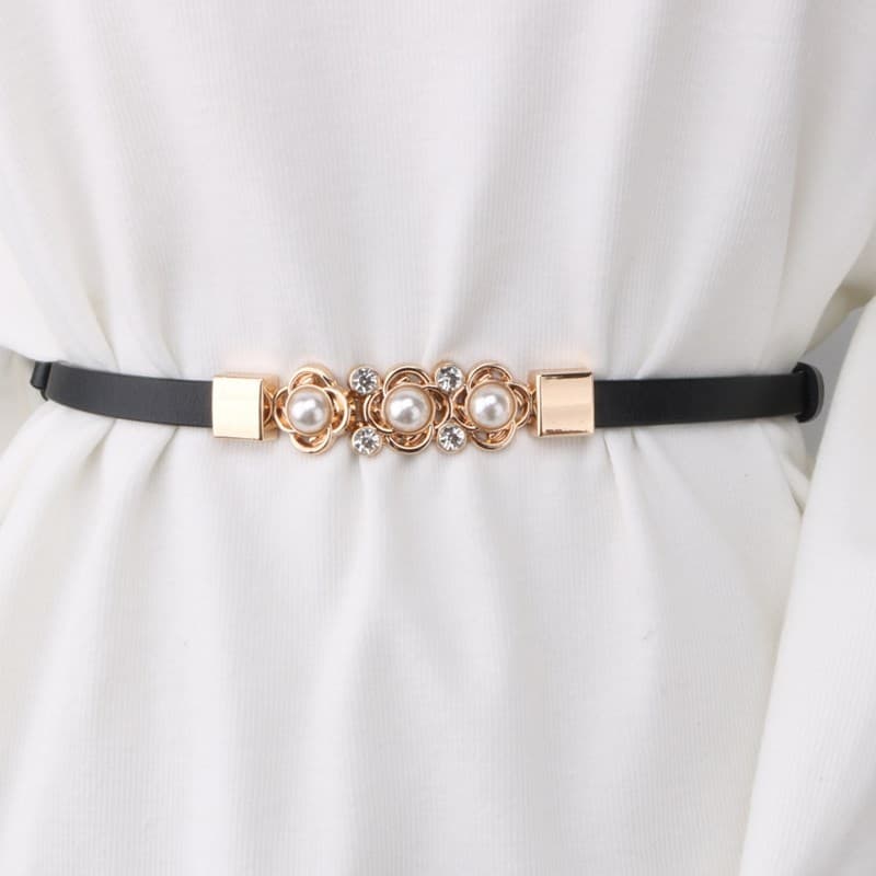 Cinto fino ajustável de couro pérola flor feminino vestido decorativo suéter acessórios cinto de couro genuíno corrente