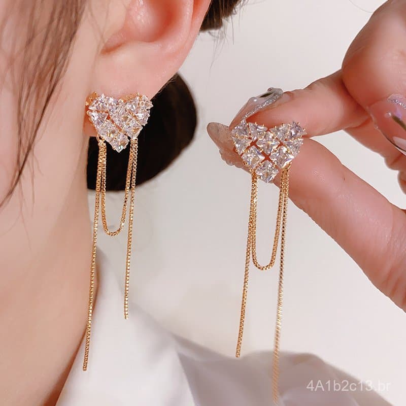 Brincos femininos de design exclusivo em formato de coração com zircônia e longas franjas, agulha de prata S925, brincos