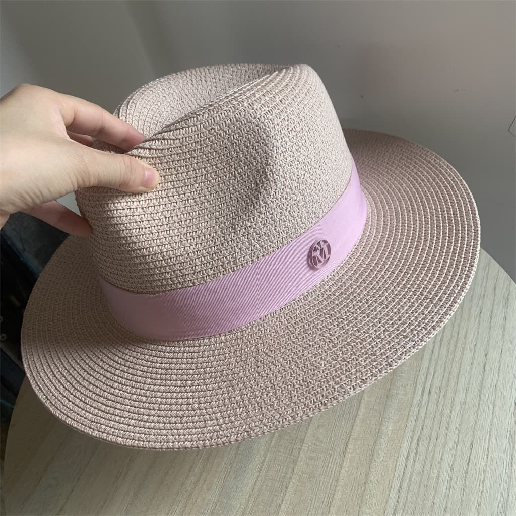 Nicho moda rosa chapéu de palha simples atmosférico de aba larga panamá chapéu compras praia viagem chapéu de palha femi