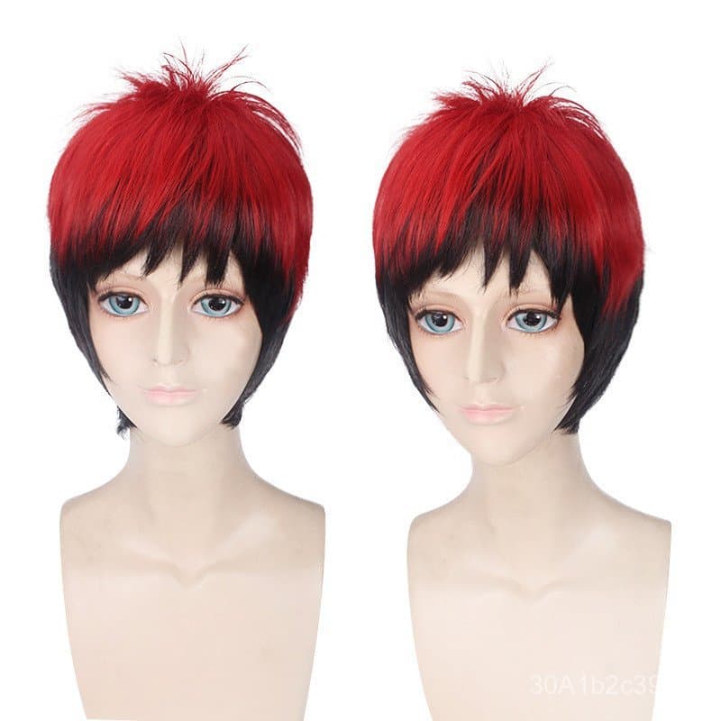 Kuroko no Basket, peruca de cosplay Vulcan, vermelha e preta, cabelo curto de anime com duas tranças.