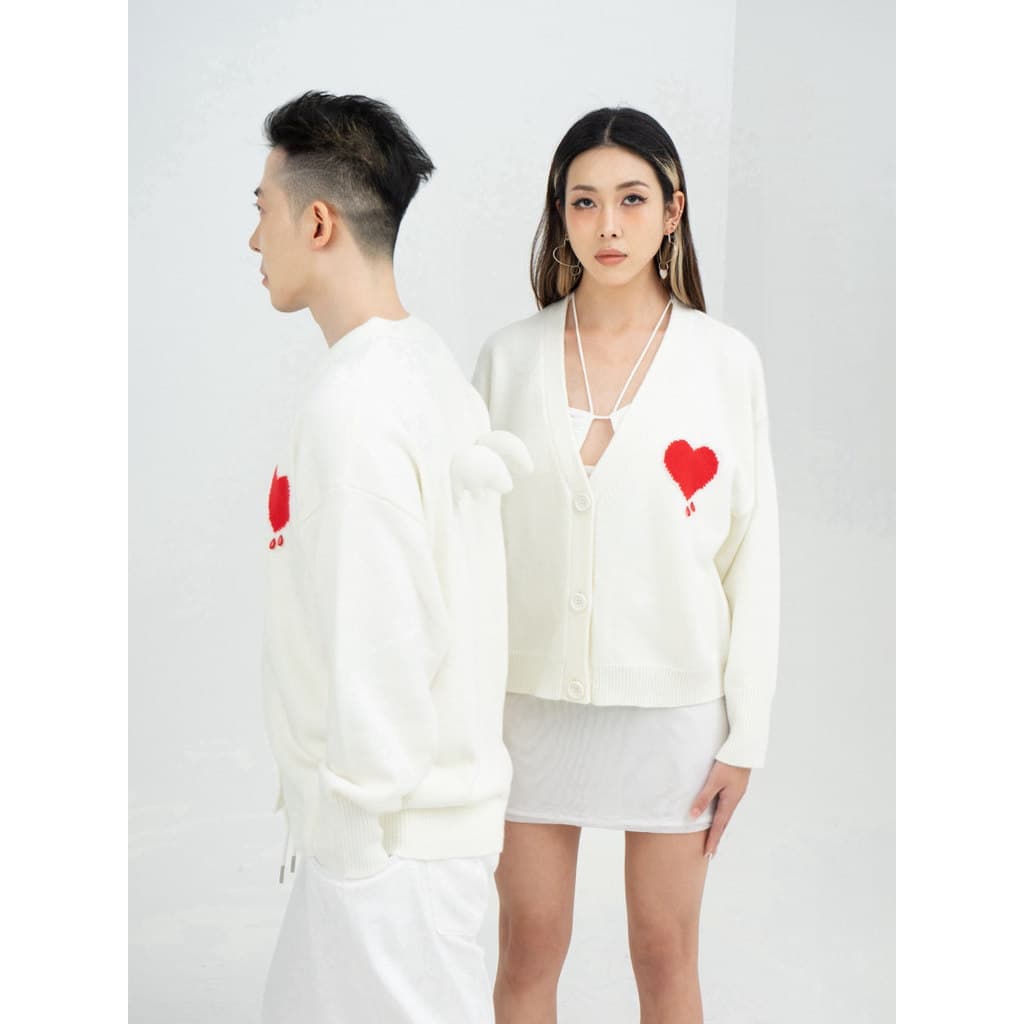 CLP Asas Brancas Coração Frisado Casual Malhas Suéter Cardigan Solto Longo Jaqueta Curta Homens Mulheres Original