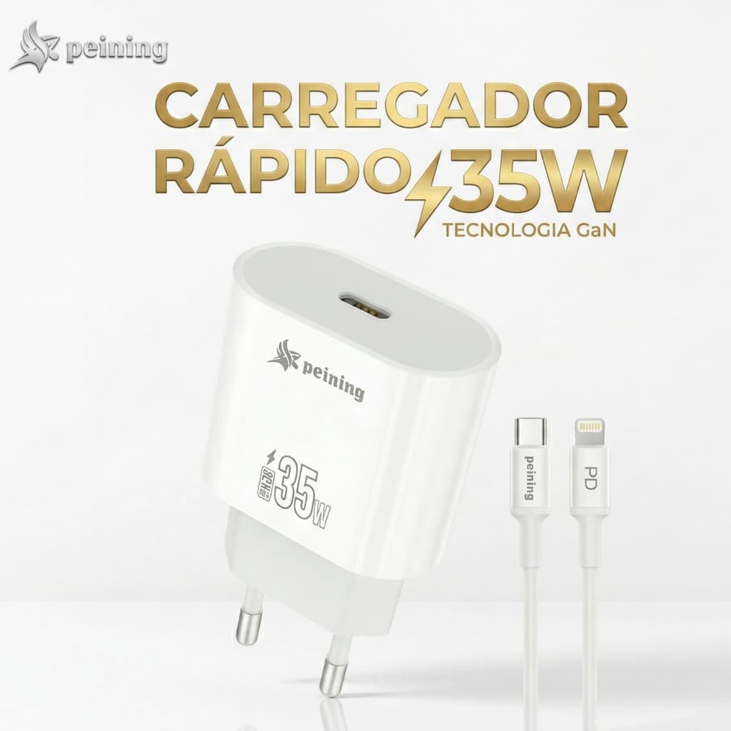Carregador Turbo 35W + Cabo Tipo C Para Lightning  Bivolt Branco Original Peining