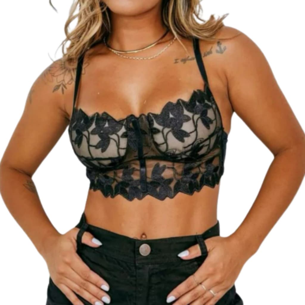 Cropped Renda Tule de Flor Feminino Com Bojo Top Envio imediato