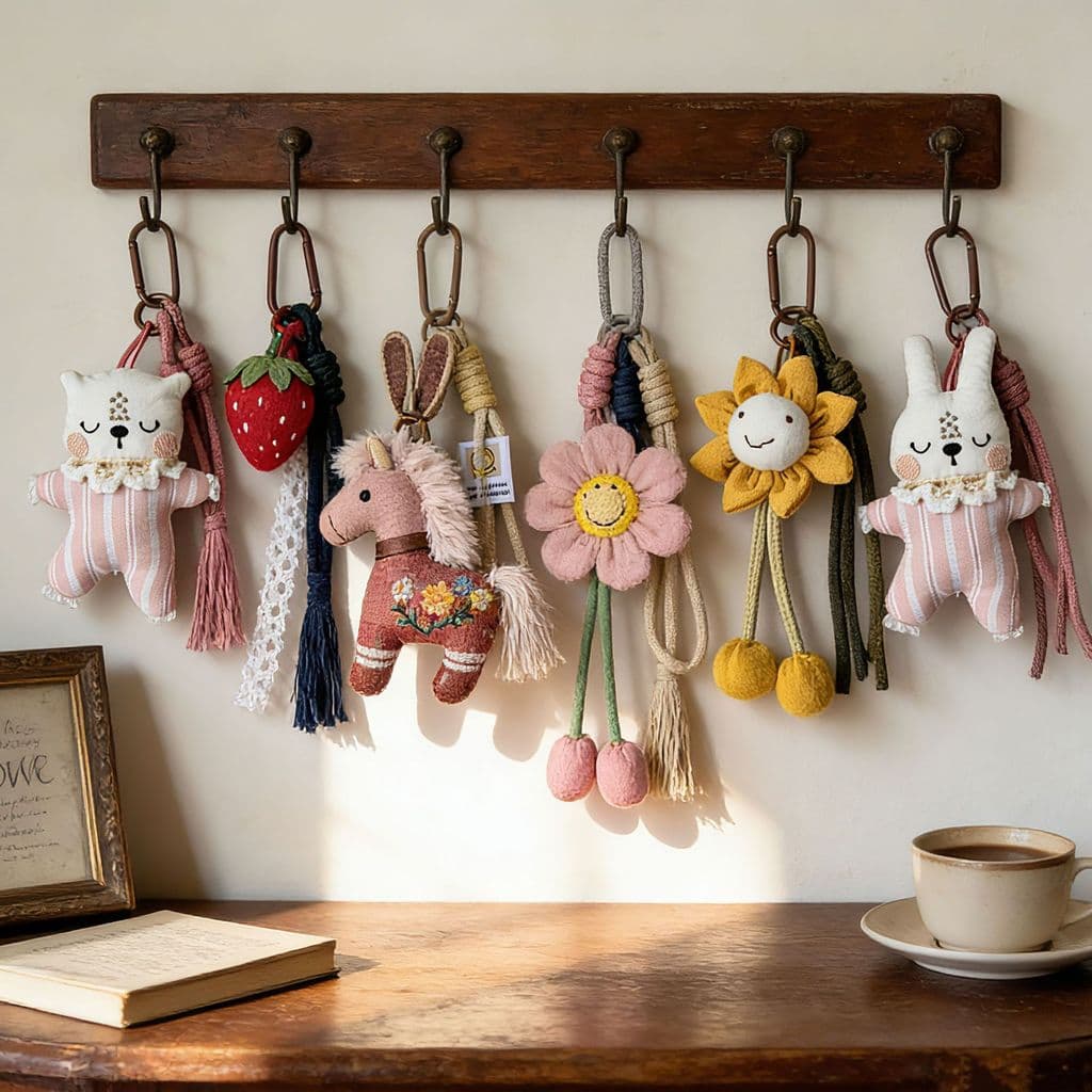 Chaveiro de Bolsa Vintage Flor 3D de Tecido, Pingente Boneca Desenho Animado Estilo Mori Fofo 🌸🧸