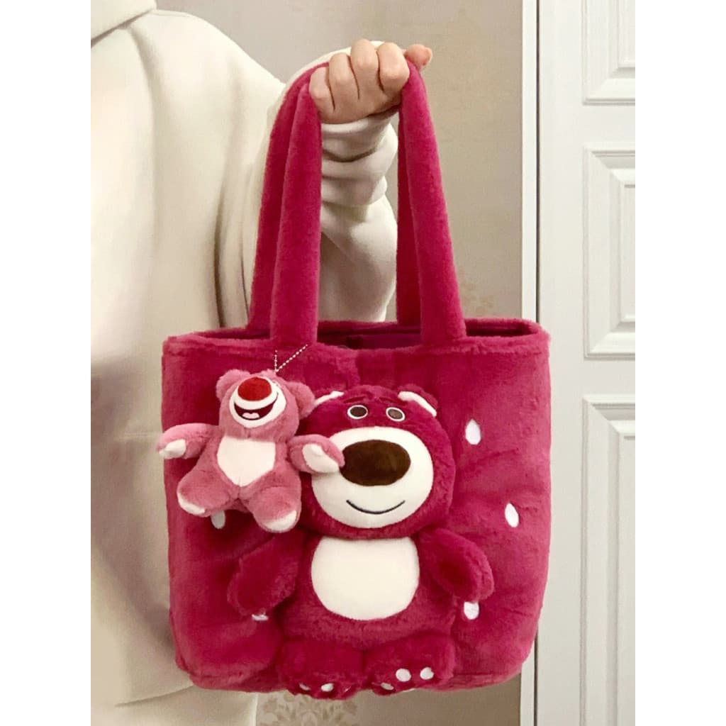 Bonito morango urso saco feminino 2025 outono inverno novo dos desenhos animados bolsa de pelúcia doce menina de um ombr