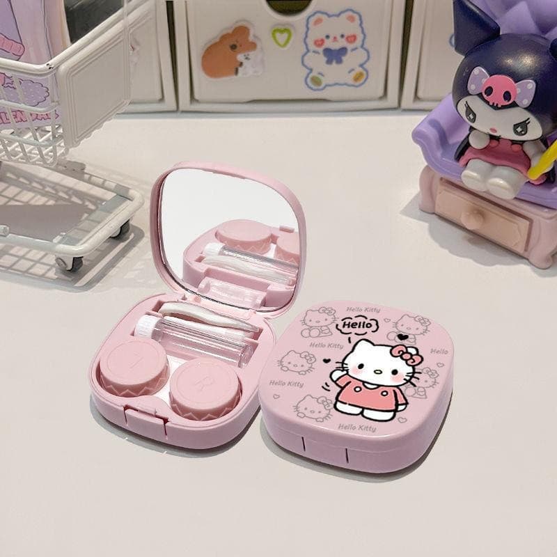 Estojo para lentes de contato com padrão de desenho animado da Hello Kitty com espelho, caixa de armazenamento Sanrio pa