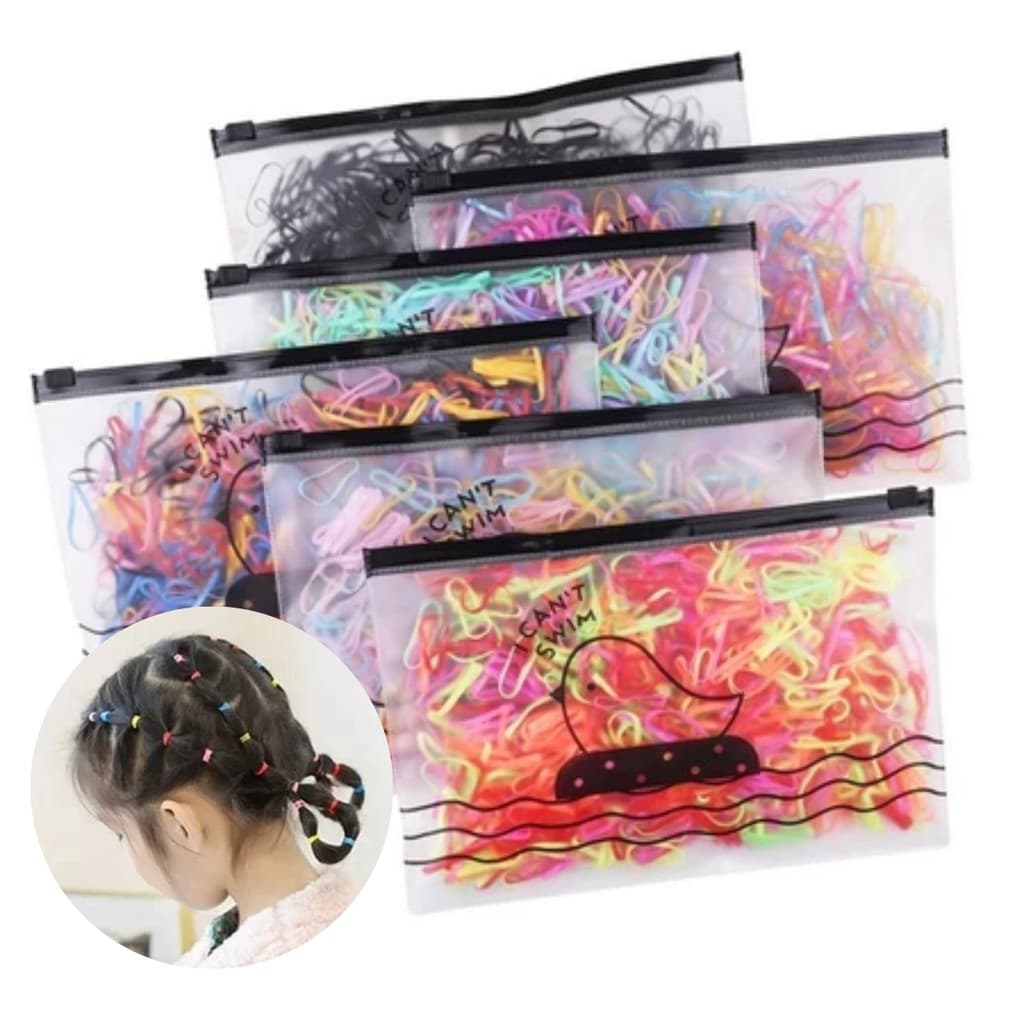 Elásticos de Cabelo Infantil em Silicone Kit 1000 Unidades Coloridos com Bolsa Acessórios de Cabelo