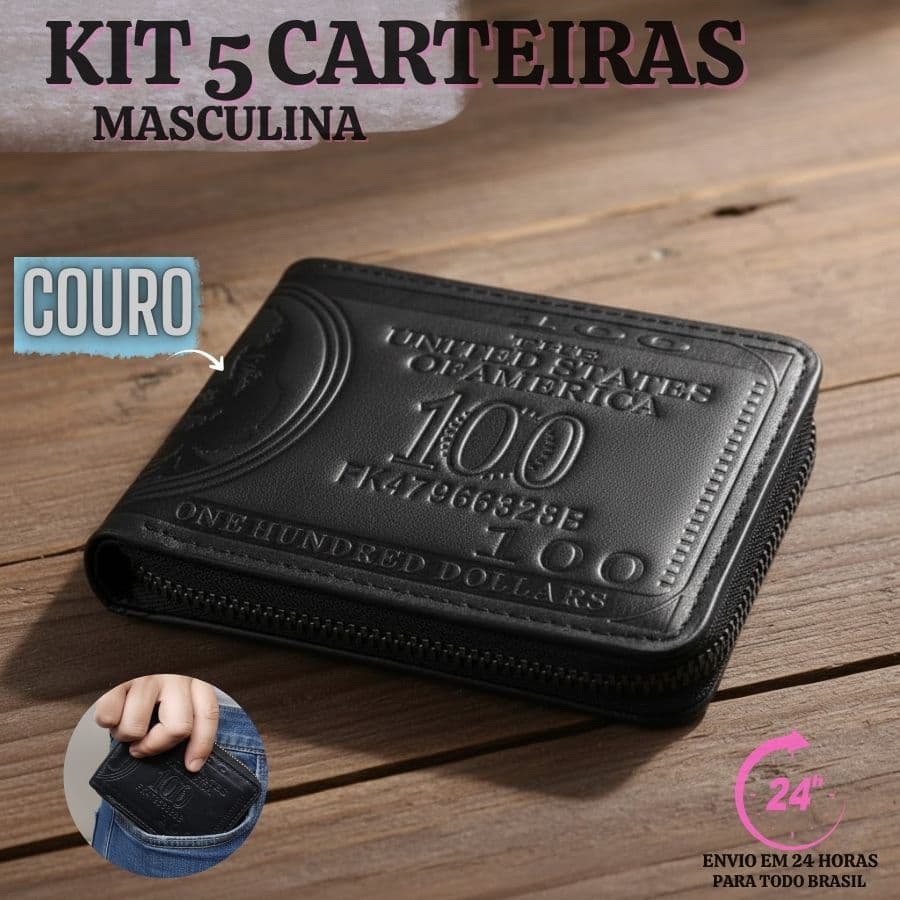 Kit 5 Unidades Carteira Masculina Porta Moedas Cartão Preta Com Zíper