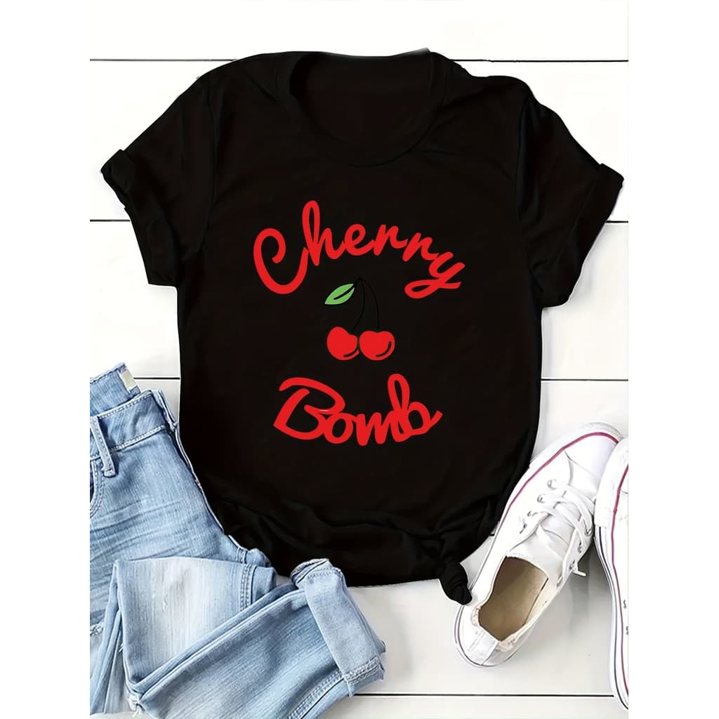 Camiseta Feminina Casual E Estilosa Em Puro Algodão Com Estampa De Cerejas "Cherry Bomb"