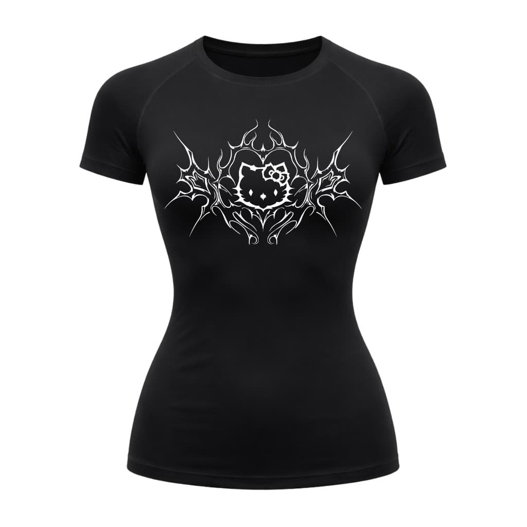 Camiseta Compressão Uv Manga Curta Cyber Tribal Black Heart Hello Kitty Rash Guard