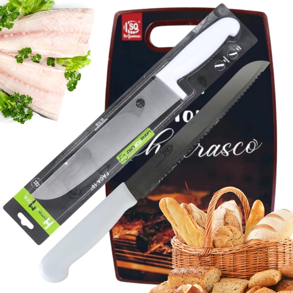 Faca 10 Inox Faca Pão Serrilhada Cabo Branco Tábua Plástico Corte Preciso Cozinha Chef Carne