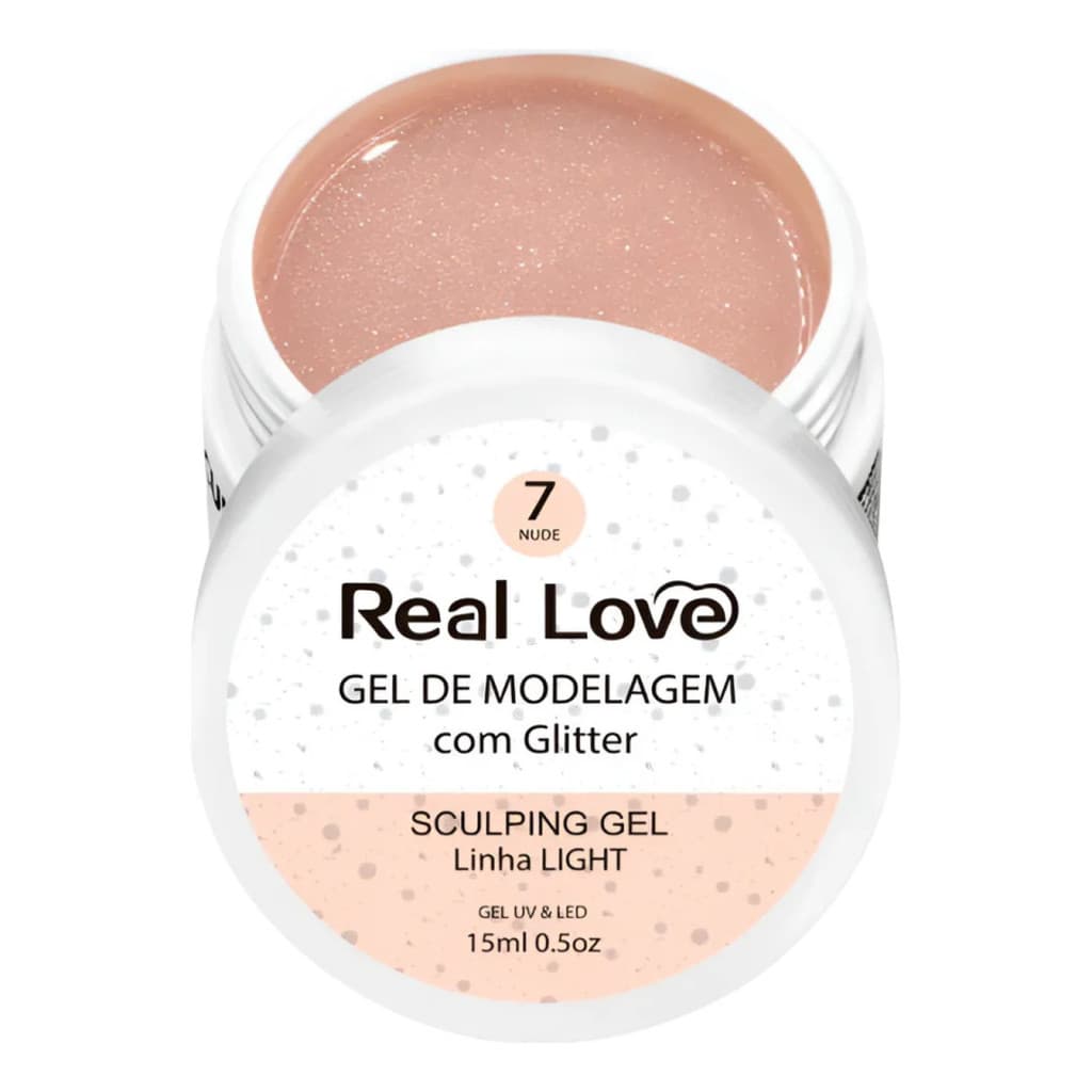 Gel de Alongamento Unha Nude com Glitter Real Love 15g UV LED para Fibra e Unhas de Gel
