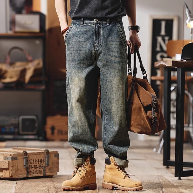 Americano Retro Jeans masculino 2025 novo estilo primavera outono solto Micro cônico em linha reta Casual lavado macacão