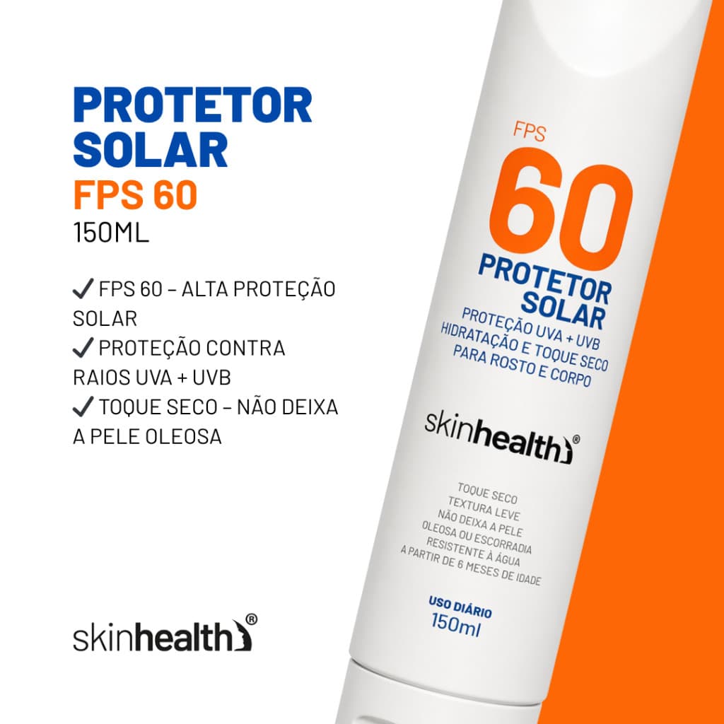 Protetor Solar FPS 60 Skin Health 150ml UVA UVB Toque Seco Rosto e Corpo Resistente à Água