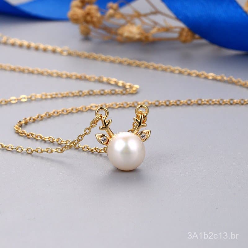 Colar simples de chifre de alce com pérolas, estilo floresta coreana, delicado e com diamantes incrustados, presente de