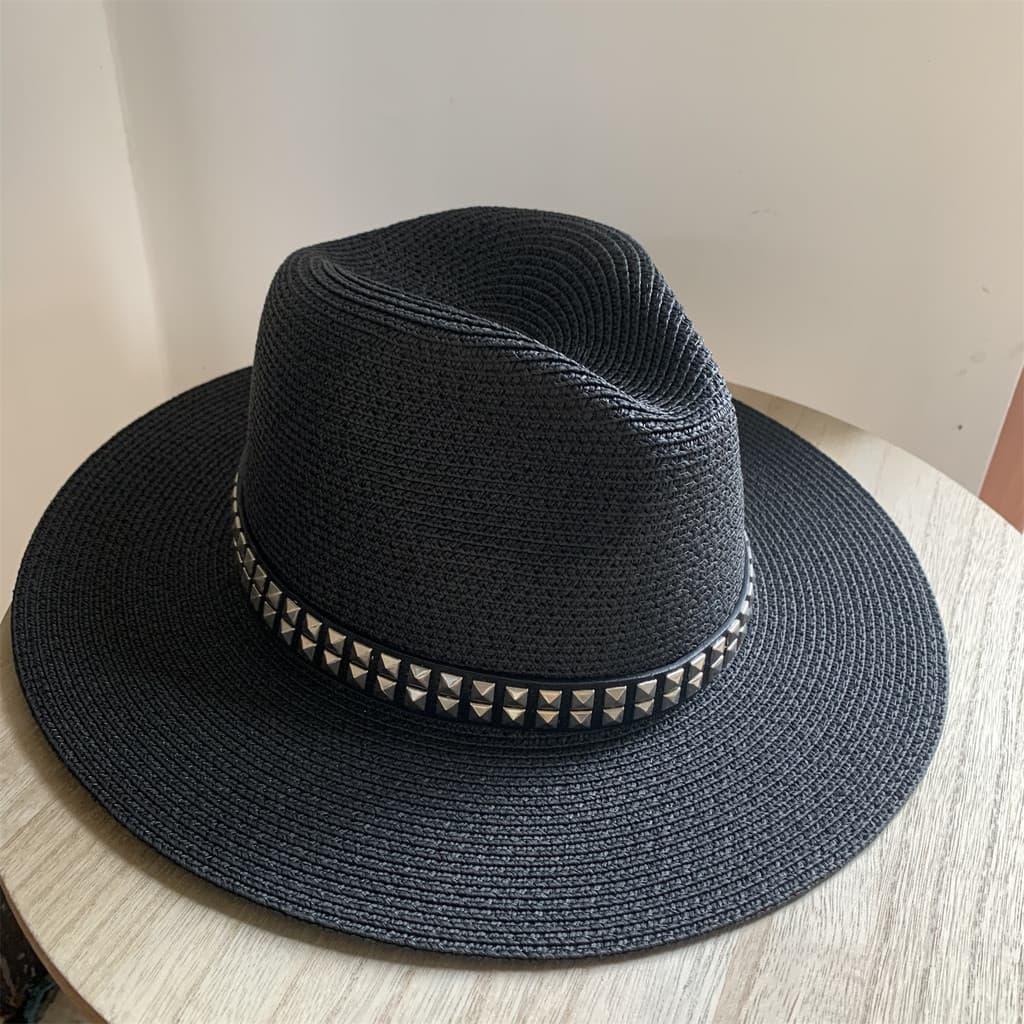 Chapéu feminino verão moda britânica cartola palha pára-sol rebite Jazz chapéu masculino na moda preto chapéu superior