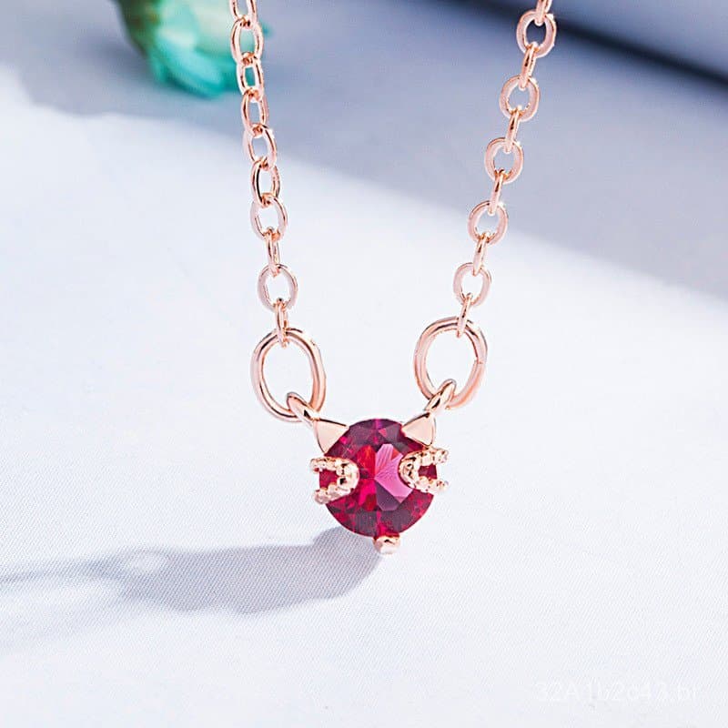 Colar artístico feminino com tema de floresta em estilo coreano, com gato de rubi rosa, corrente de clavícula em ouro ro
