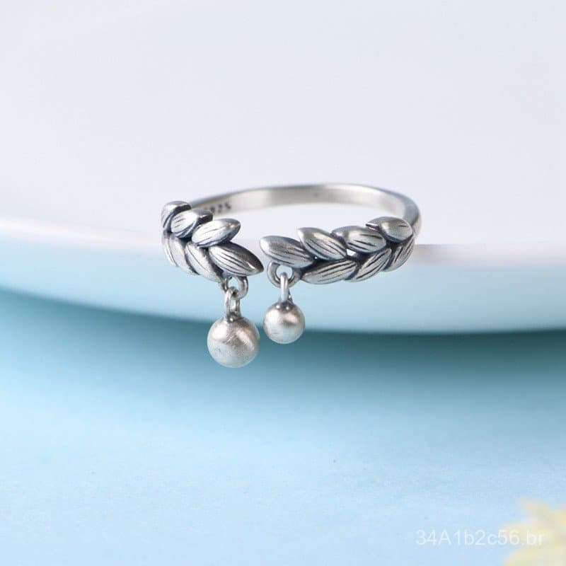 Anel Feminino Ajustável de Prata S925 Vintage com Motivo de Espiga de Trigo e Borla de Pérolas, Simples e Artístico, da