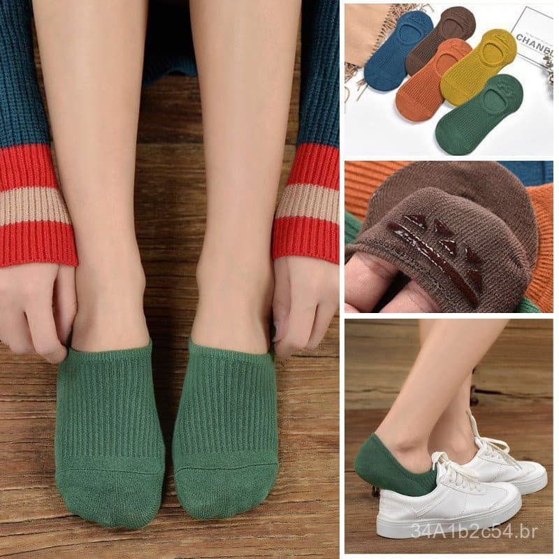 Novas meias invisíveis estilo japonês, meias curtas femininas antiderrapantes de silicone completo, meias femininas retr