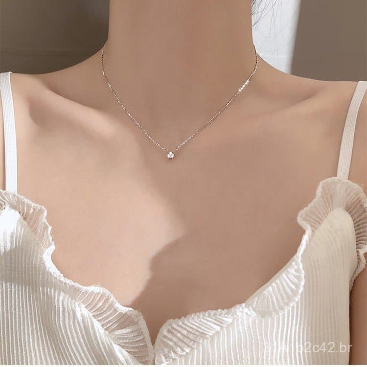 Colar de diamante em prata esterlina banhada a S925, design simples e moderno, estilo exclusivo, corrente de clavícula e