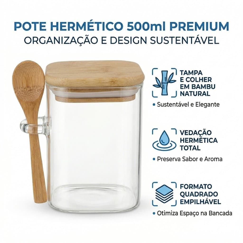 Pote Hermético Vidro 500ML Colher e Tampa de Bambu Premium