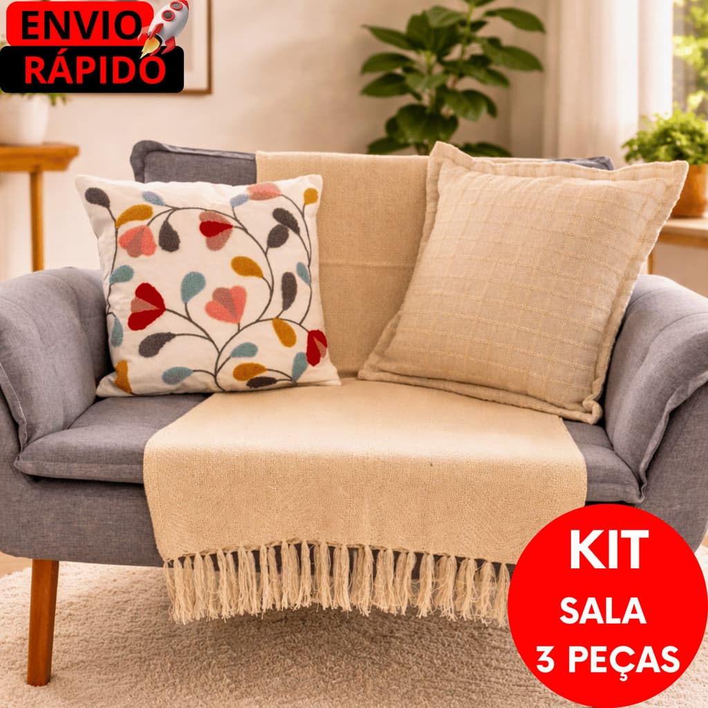 KIT MANTA + 2 CAPAS DE ALMOFADAS DECORATIVA BOHO PREMIUM  ALGODÃO SOFÁ SALA LUXO
