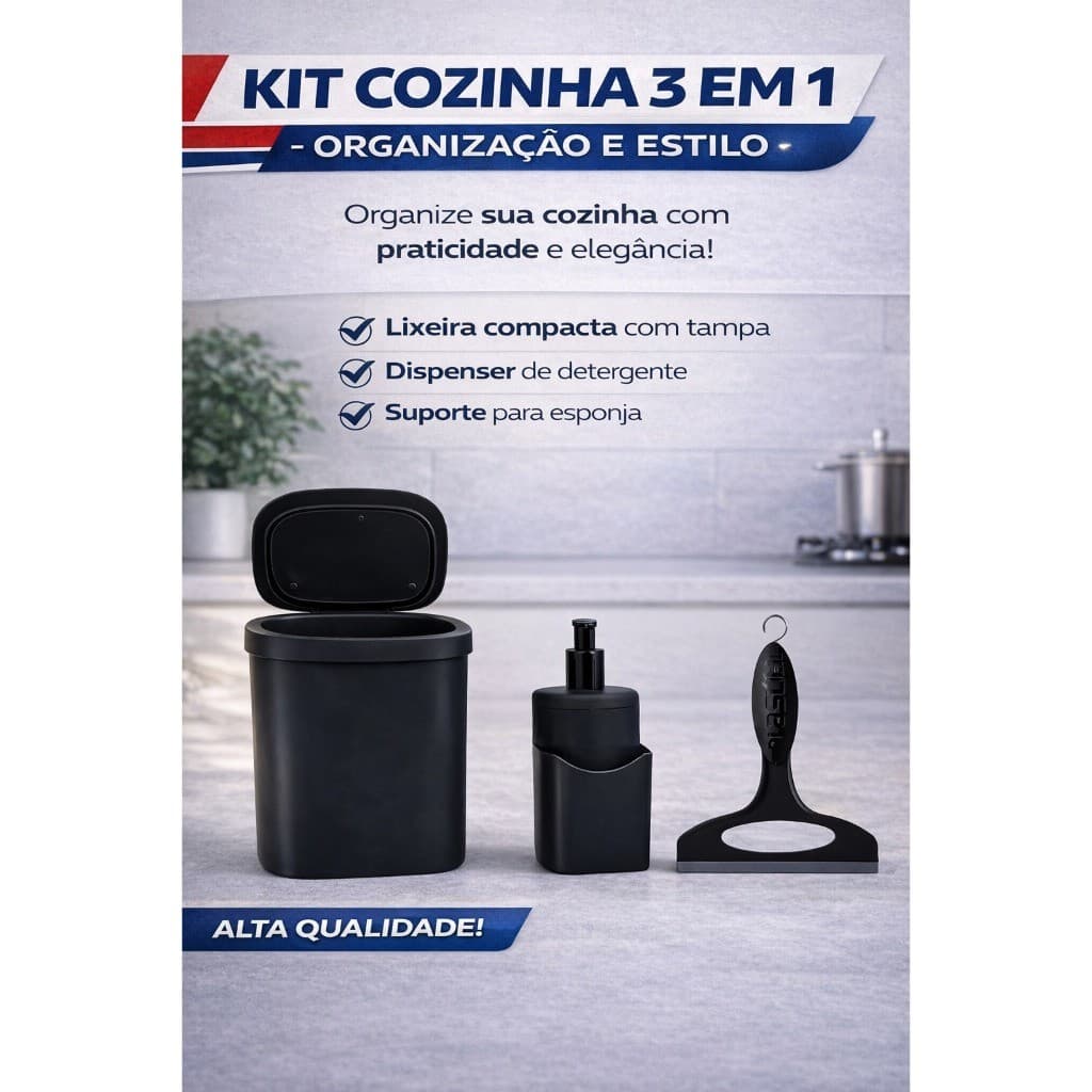 Conjunto de Pia e Cozinha Com Lixeira 3,5 Litros e Dispenser de Detergente 500 ML Porta Bucha