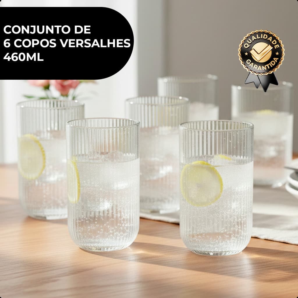 Conjunto 6 Copos Vidro Versalhes 460ml Canelado Resistente - Bebidas, Sucos, Água, Chá Gelado