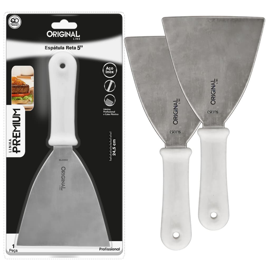 Kit 2 Espátulas Inox Reta 5 Chapeiro Chapa Lanche Cor Branco