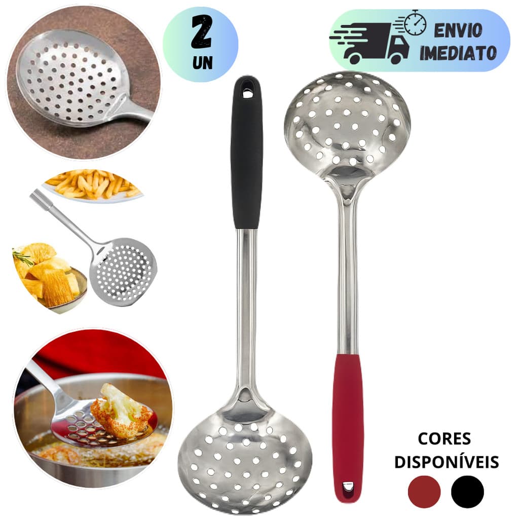 KIT 2 ESCUMADEIRAS DE AÇO INOX GRANDE 30CM PREMIUM MULTIUSO HAMBURGUER PASTEL FRITURA