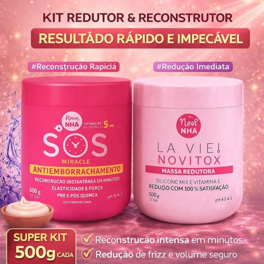 Kit 2 Reconstrução Capilar NHA – SOS Antiemborrachamento + Novitox Massa Redutora Força, Elasticidade e Brilho Imediato