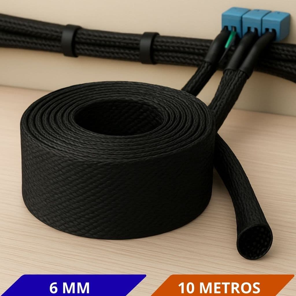 Malha Náutica Expansiva 6mm Nylon Preta 10 Metros Organização e Proteção de Cabos Elétricos Industriais Automotivo