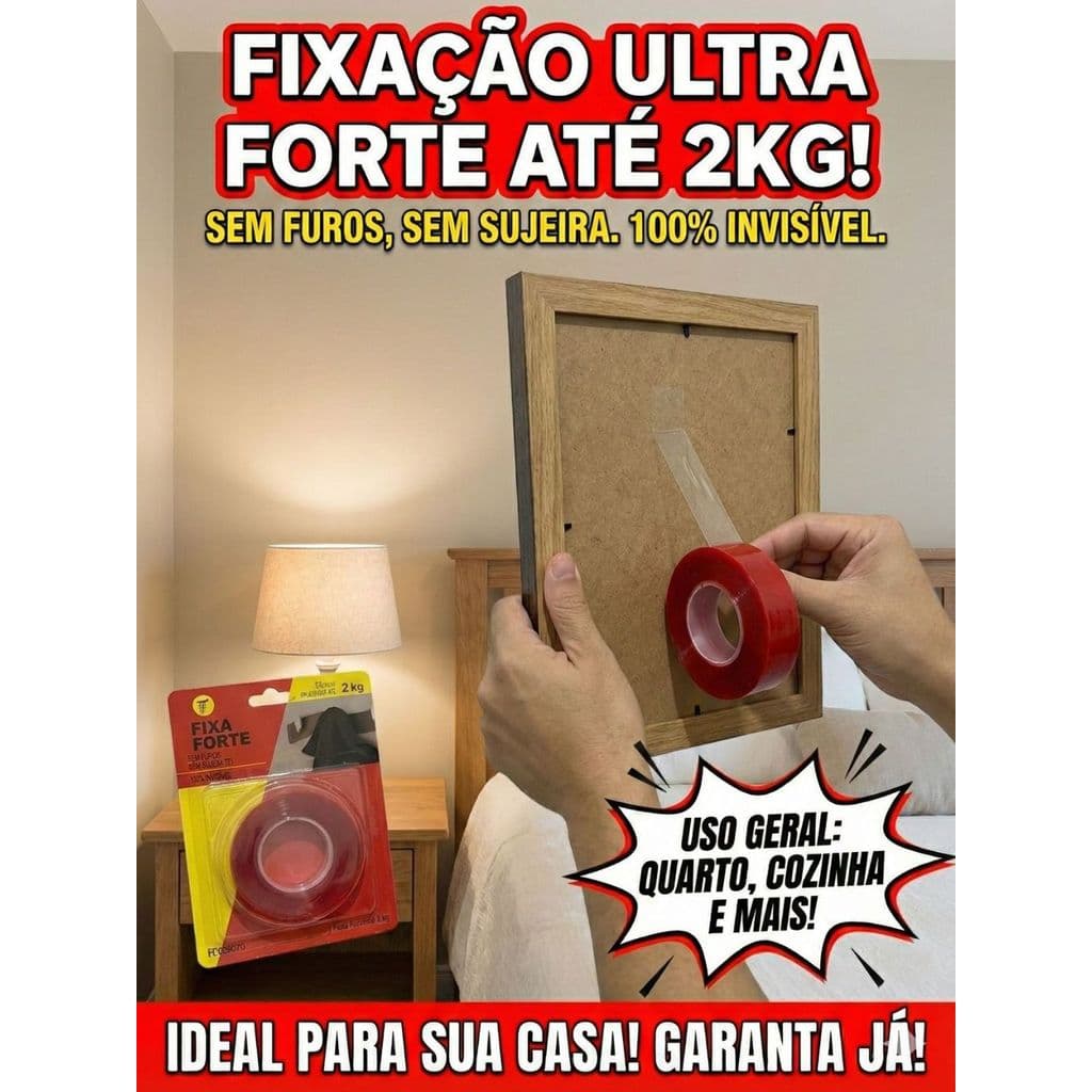 Fita Dupla Face Transparente Uso Geral – 12mm x 1,5m, Forte, Prática e Suporta até 2kg
