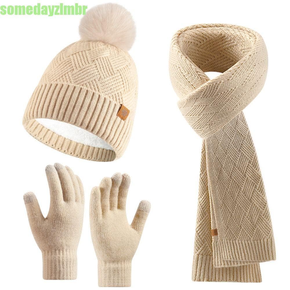 SOMEDAYZL0M Conjunto De 3 Peças De Luvas De Cachecol , Boné De Malha Térmica Quente De Cor Sólida , Gorro De Inverno Gro