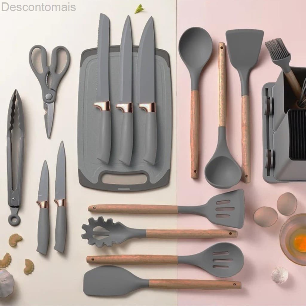 Kit Completo de Utensílios de Cozinha 19 Peças, Suporte Organizador – Silicone Resistente e Cabo AmadeiradoIL01