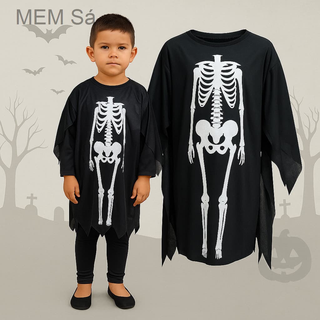 (V)Fantasia Infantil Halloween Esqueleto Preto e Branco 💀🎃OZJ8