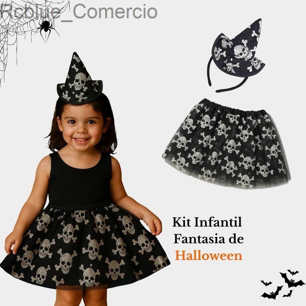 (V)Fantasia Halloween Infantil Caveira com Saia Tule e Tiara chapéu