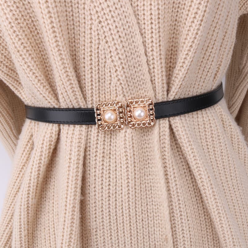 Senhoras de couro simples All-Match acessórios vestido camisola casaco fino preto cintura estreita couro genuíno pequeno