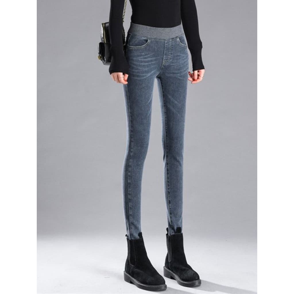 Primavera outono cintura elástica Jeans feminino mais magro olhar calças magras alta elasticidade magro-ajuste All-match