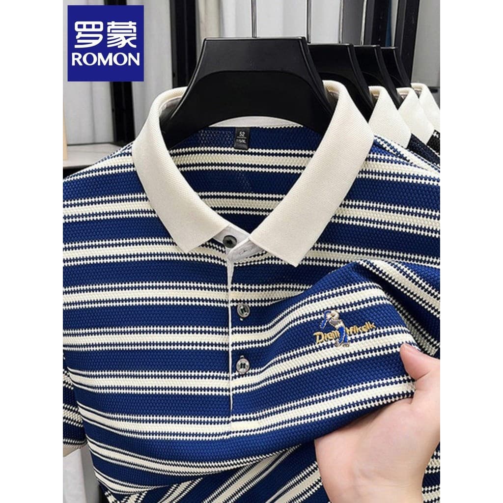 Lomon Business Casual Respirável Legal Estilo Coreano Camisa Polo Masculina All-Match Top Verão Lapela Listrada Camiseta