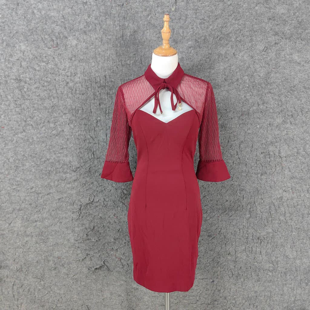 Xiaoxiang estilo vestido curto fino-ajuste Casual simples todos os dias mais magro olhar All-match vinho vermelho vestid