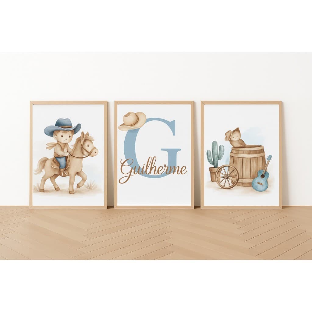 Quadros Decorativos Cavalinho Nome Personalizado Chapéu Infantil Bebê Criança Violão Roça Letra Cacto Barriu Menino