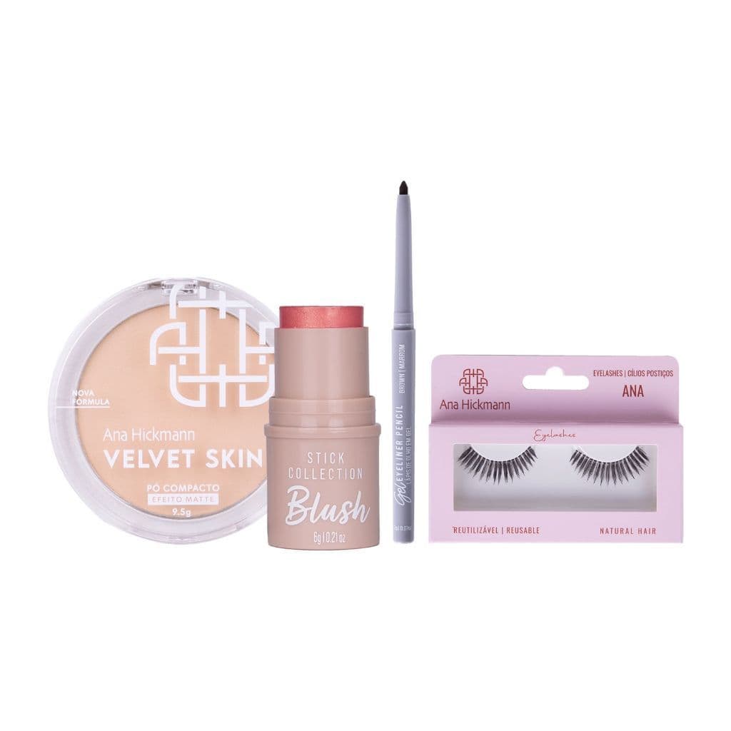 Kit Blush em Bastão Brigitte + Pó Compacto + Cílios Postiços + Lápis Para Olhos Marrom Ana Hickmann