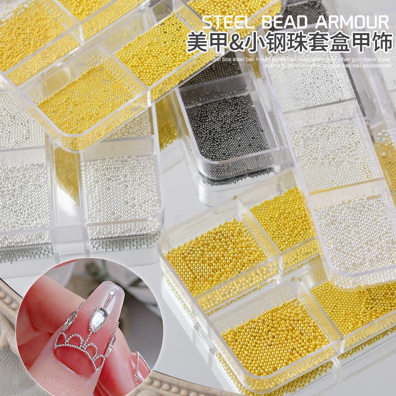 Manicure Mini pequena bola de aço conjunto de jóias caixa 0.5mm costura ouro prata grânulo corrente jóias do prego Xiaoh