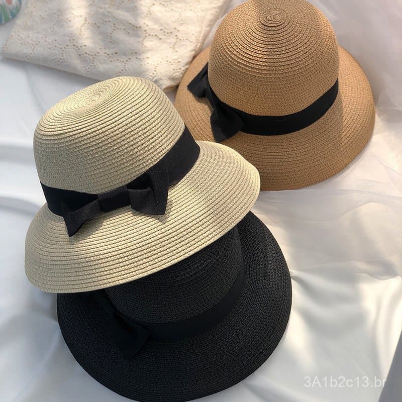 Chapéu de Sol Feminino para o Verão 2023, Novo Estilo Francês para Férias na Praia, Estilo Hepburn com Laço de Fita