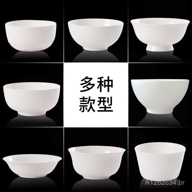 Tigela de arroz criativa em porcelana branca de Tangshan para uso doméstico, tigela de cerâmica de estilo japonês com pé